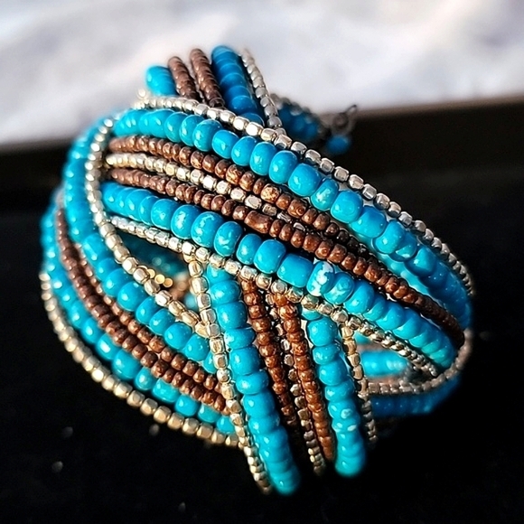 unbranded Jewelry - Turquoise Gray Siver Seed Bead Bangle Wrap Bracelet 2" Wide Criss Cross Cuff